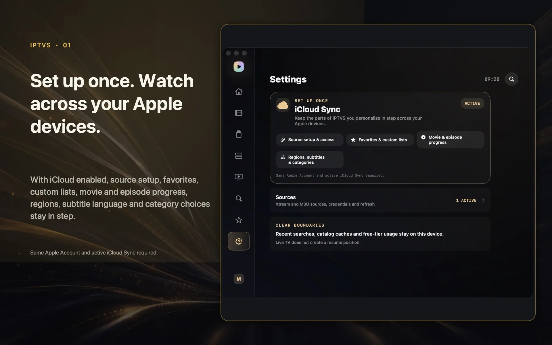 IPTVS settings screen on Apple TV showing iCloud Sync